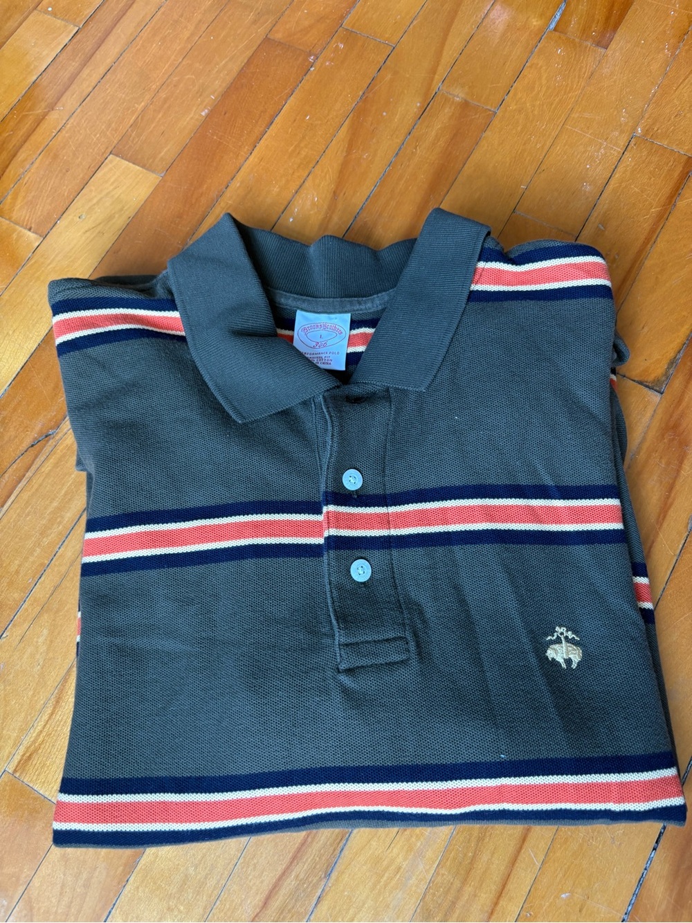 Brooks Brothers Polo Long Sleeve Shirt - Dark Green with Red & Navy Stripes